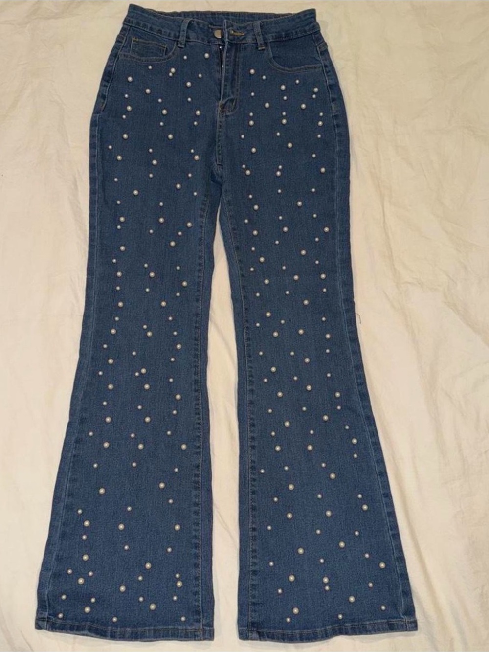 Women’s Pearl-Embellished Blue Denim Jeans